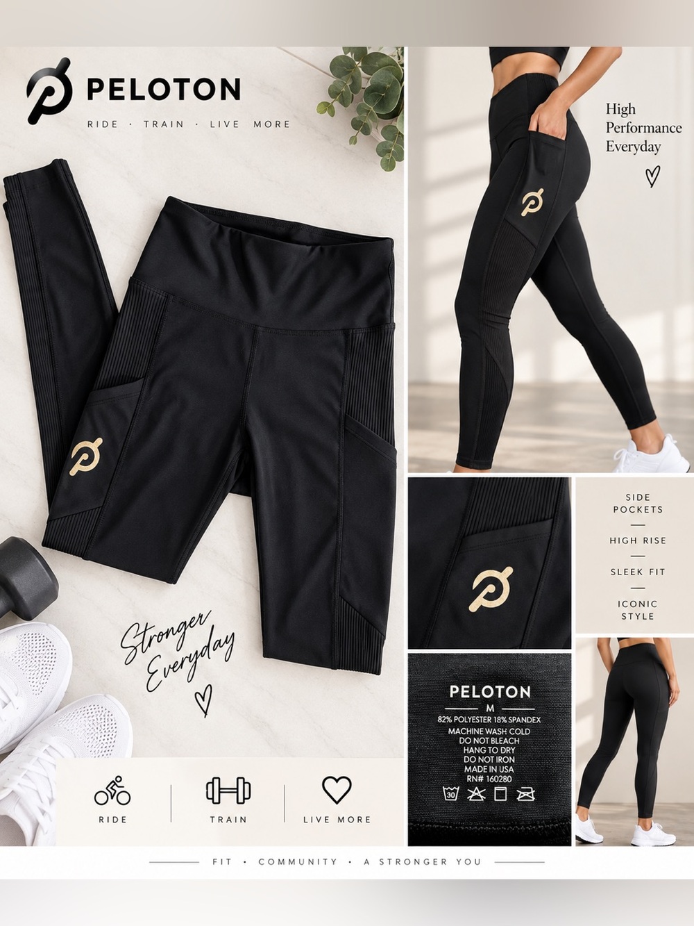 Peloton Black High Rise Performance Leggings with Side Pockets M